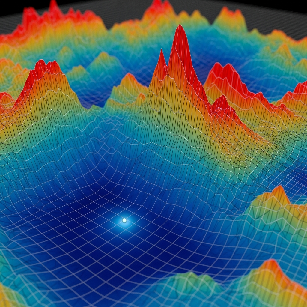 A 3D visualization of a loss landscape with peaks and valleys