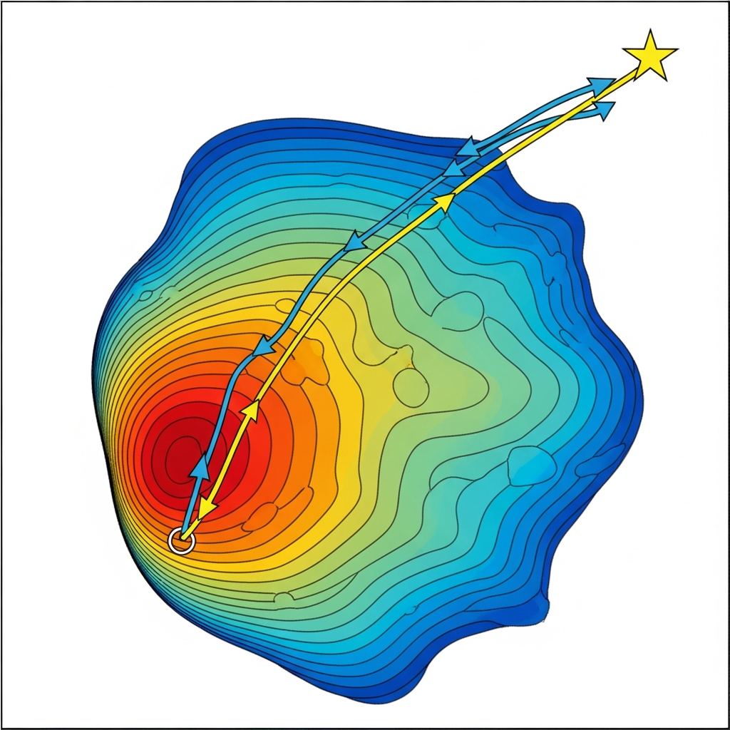 An optimization trajectory across a loss landscape