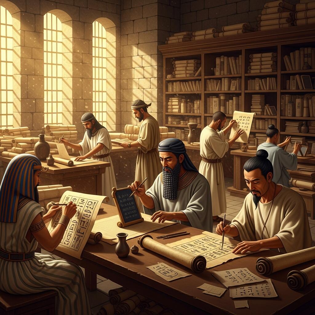 Ancient scribes recording history in a grand library