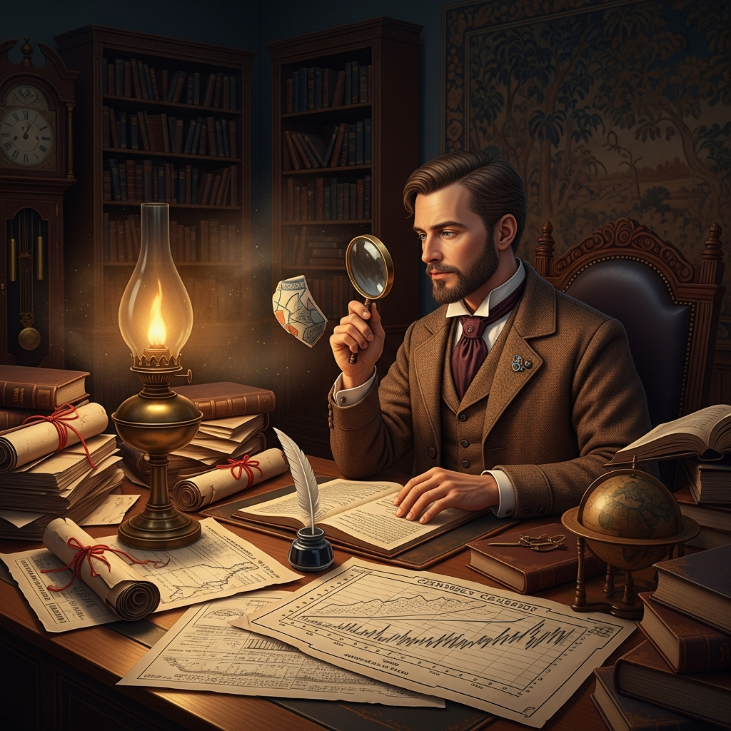 A detective examining historical clues with a magnifying glass