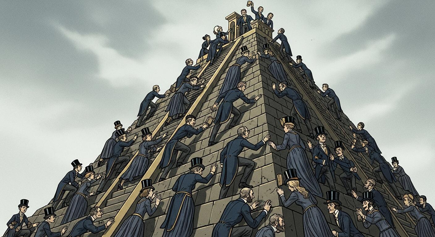 Figures climbing a pyramid with limited positions at the top