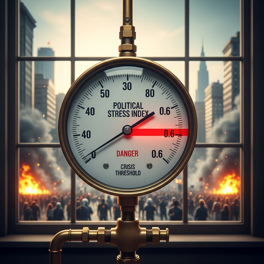Pressure gauge showing Political Stress Index approaching crisis threshold