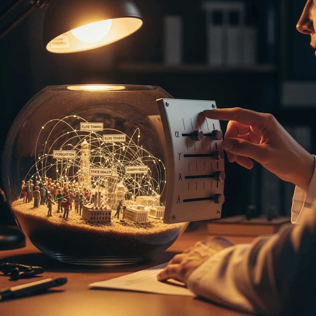 Scientist observing miniature civilization in terrarium