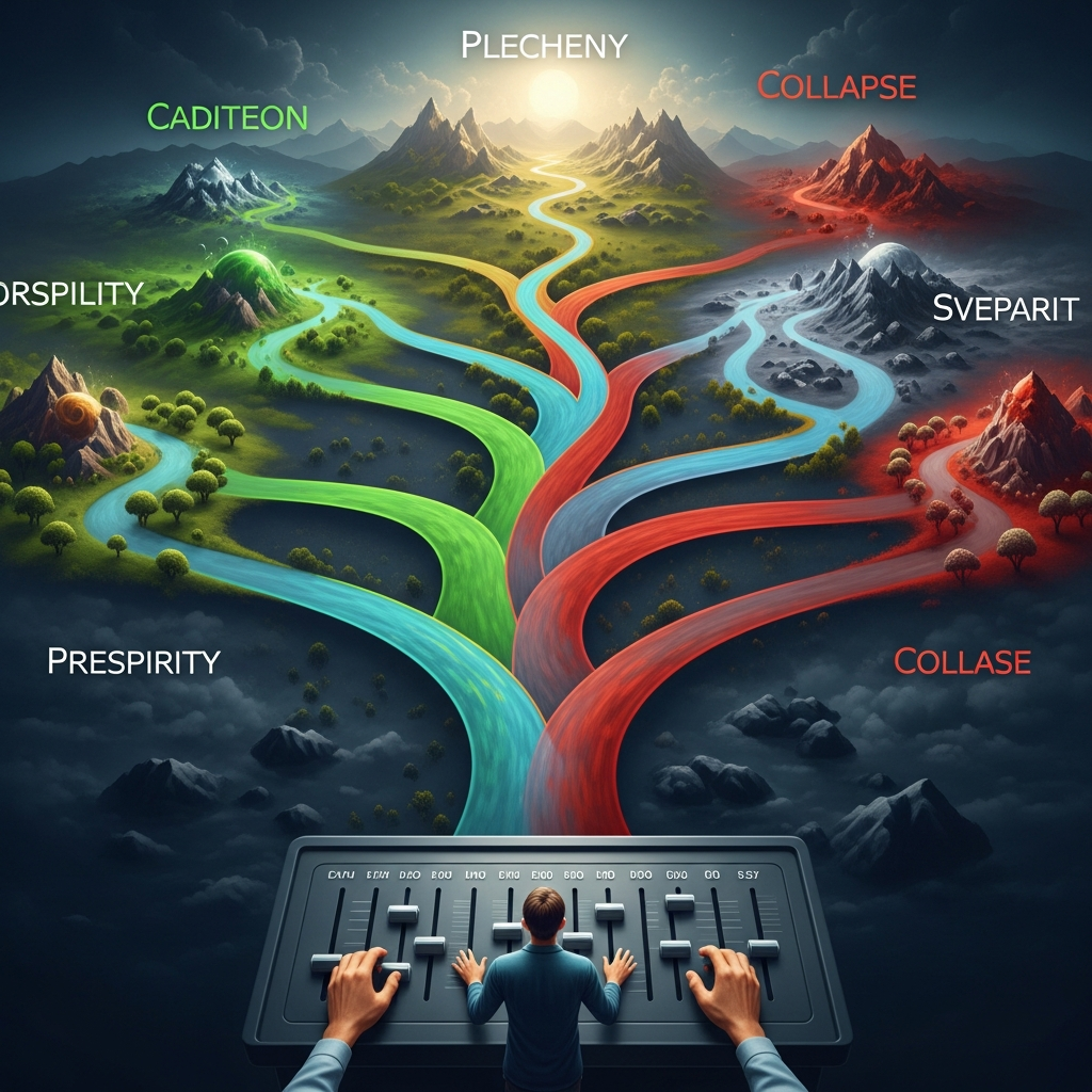 Branching timelines showing different possible futures