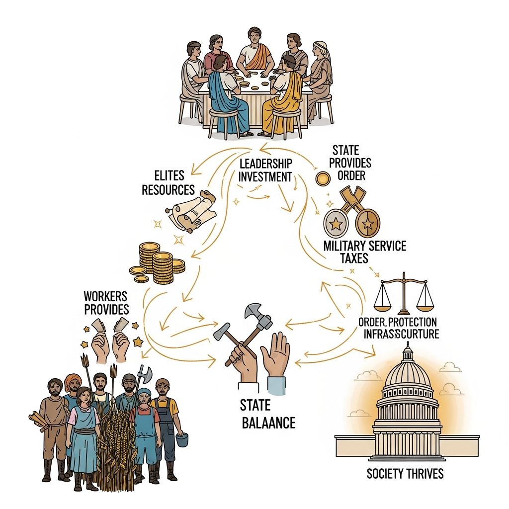 Illustration showing the reciprocal relationships between elites, workers, and the state