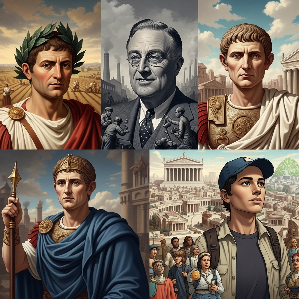 Portraits of historical reform leaders: Gracchi, FDR, Augustus, and a modern figure