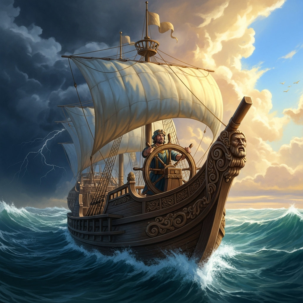 A ship of state navigating turbulent waters, with a captain at the helm steering toward clear skies