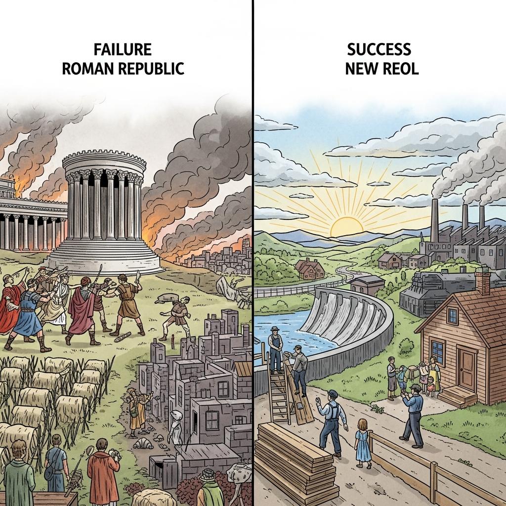Split comparison showing failed Roman reforms and successful New Deal