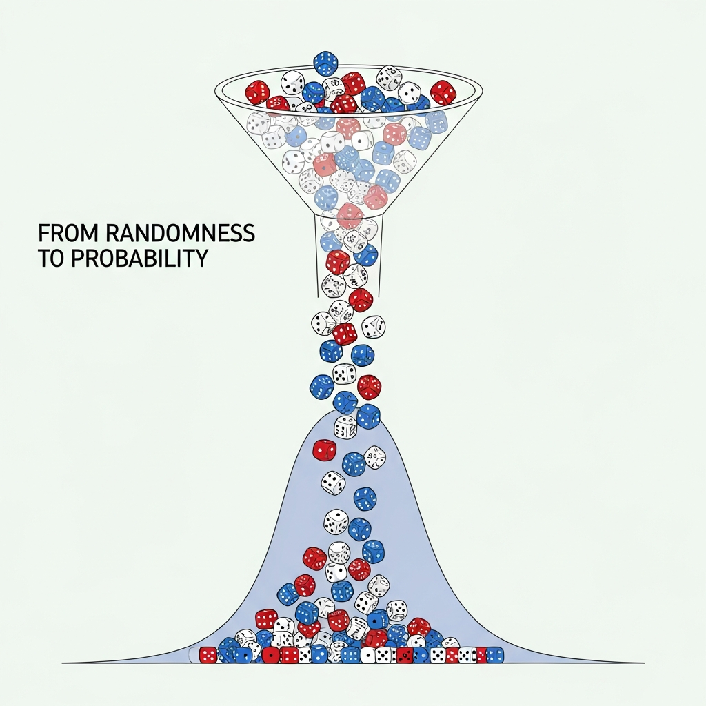 Monte Carlo concept - dice tumbling into probability distribution