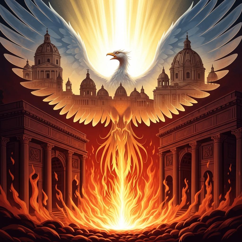 Phoenix rising from ruins, symbolizing Rome's recovery