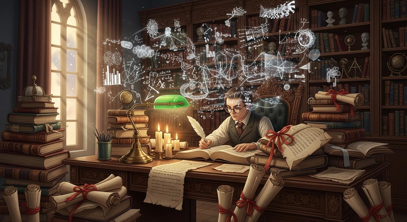 A scholar studying historical records with mathematical equations floating above