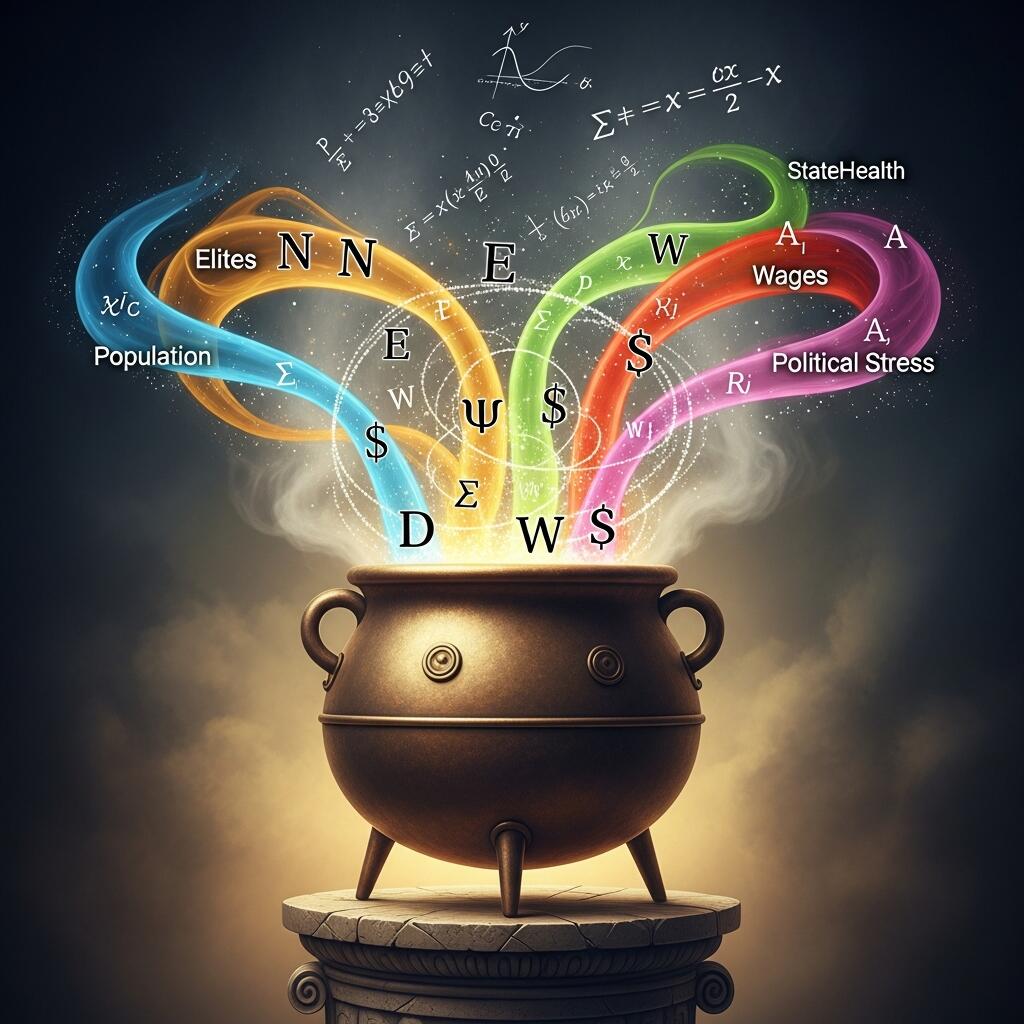 A cauldron with mathematical variables swirling together like ingredients in a potion