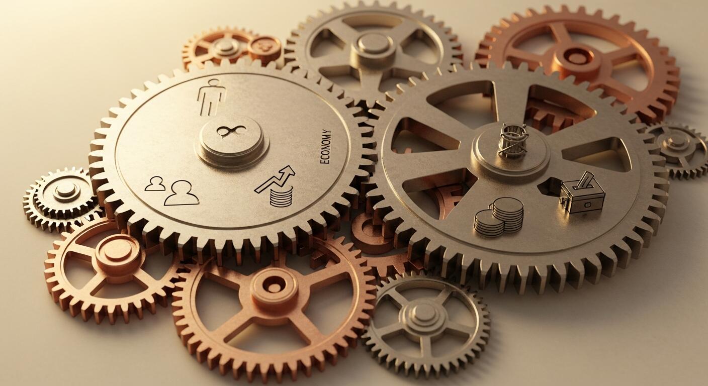 Interconnected gears representing societal dynamics